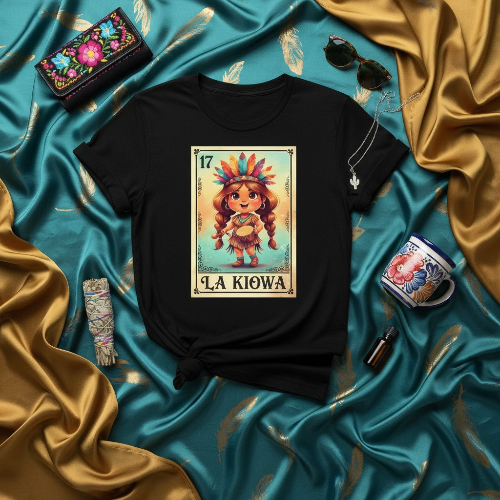La Kiowa Loteria Card T-Shirt, Indigenous Girl Costume, Native American Headdress Tee, Cute Chibi Design, Mexican Bingo Game Inspired Unisex Shirt, Traditional Folk Art Style Gift