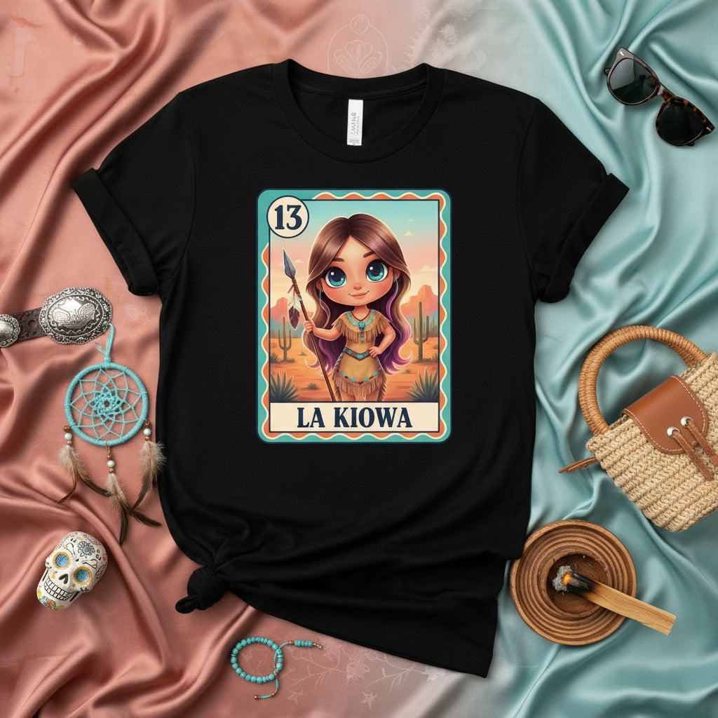 LA KIOWA Native American Woman Lotería Card T-Shirt Unisex Graphic Tee, Indigenous Girl Spear Desert Art Design, Number 13 Mexican Bingo Inspired Shirt