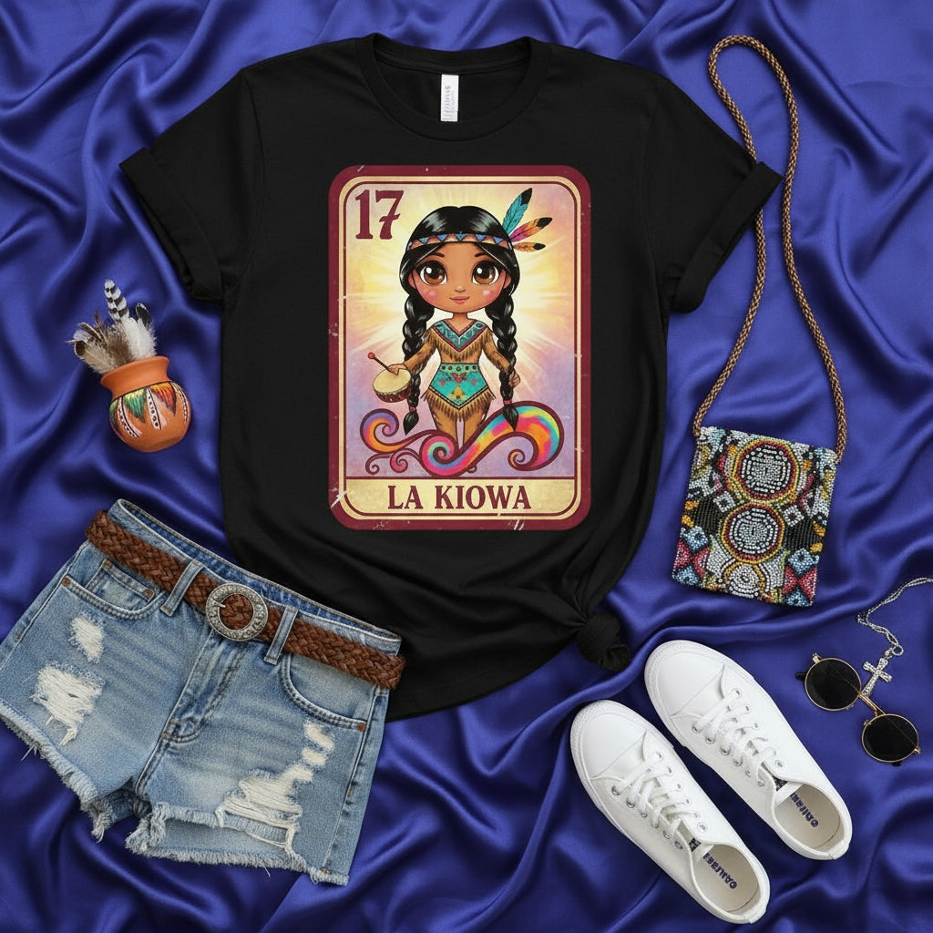 LA KIOWA Vintage Style Chibi Native American Girl Loteria Card Tee Shirt, Retro Indigenous Art Graphic T-Shirt, Cute Tribal Drummer Design Unisex Apparel