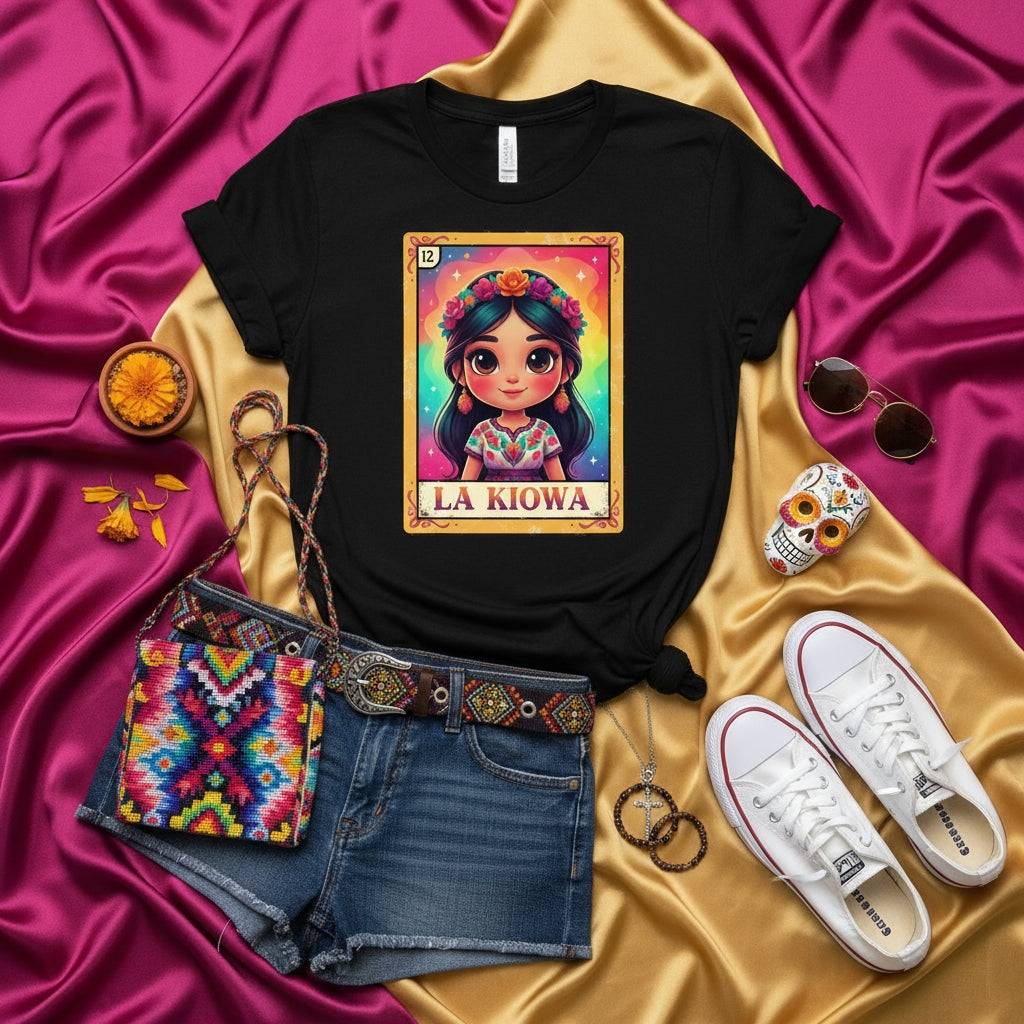 LA KIOWA Loteria Card T-Shirt Cute Mexican Girl Art Tee, Unisex Graphic Folkloric Design, Rainbow Floral Crown Festival Outfit Top