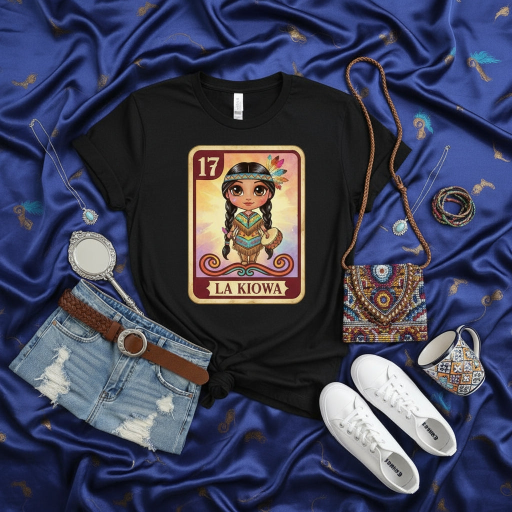 LA KIOWA Vintage Style La Lotería Card T-Shirt Indigenous Woman Cute Cartoon Graphic Tee
