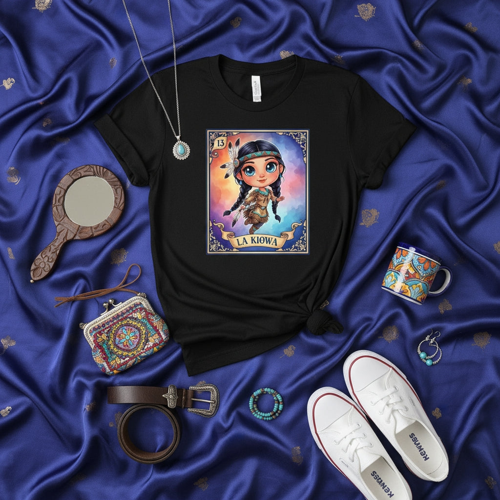 LA KIOWA Cute Cartoon Native American Girl Loteria Card Unisex T-Shirt, Traditional Mexican Bingo Art Style Graphic Tee, Indigenous Culture Inspired Apparel for Men and Women, Number 13 Design