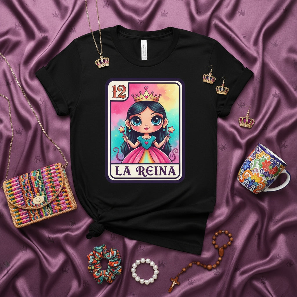 LA REINA Cute Queen Loteria Card T-Shirt Women's Unisex Mexican Bingo Art Graphic Tee Gift Idea for Girls and Latina Pride