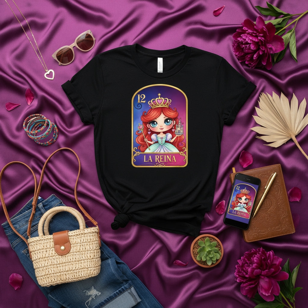 LA REINA Loteria Card T-Shirt, Cute Mermaid Princess Queen Design, Number 12 Mexican Bingo Game Tee, Hispanic Culture Gift, Short Sleeve Unisex Shirt