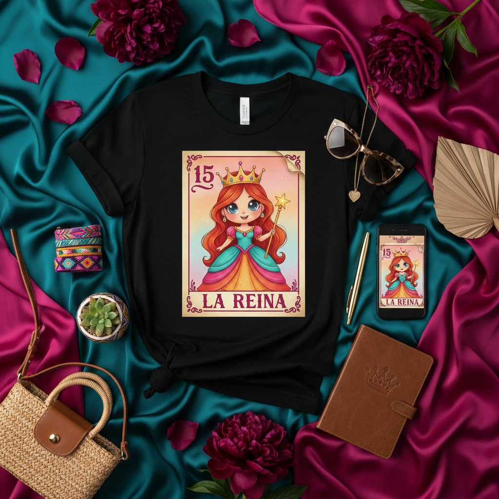 LA REINA Cute Princess La Loteria Card 15 T-Shirt | Mexican Bingo Queen Graphic Tee | Unisex Lotería Game Day Shirt | Latina Gift Idea