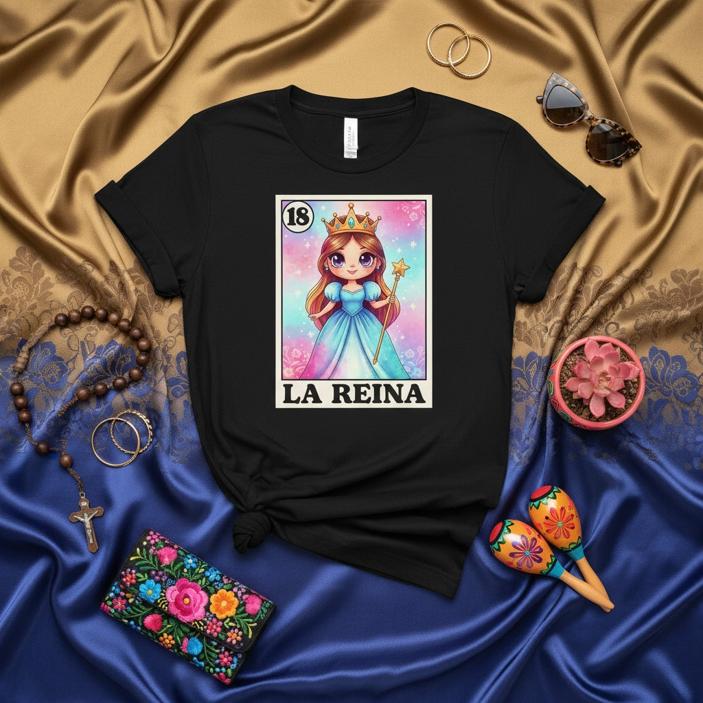 LA REINA Cute Kawaii Princess Loteria Card T-Shirt, Mexican Bingo Game La Corona Queen Tee, Graphic Shirt for Women, Funny Spanish Culture Apparel, Latina Gift, Number 18 Royal Aesthetic Top