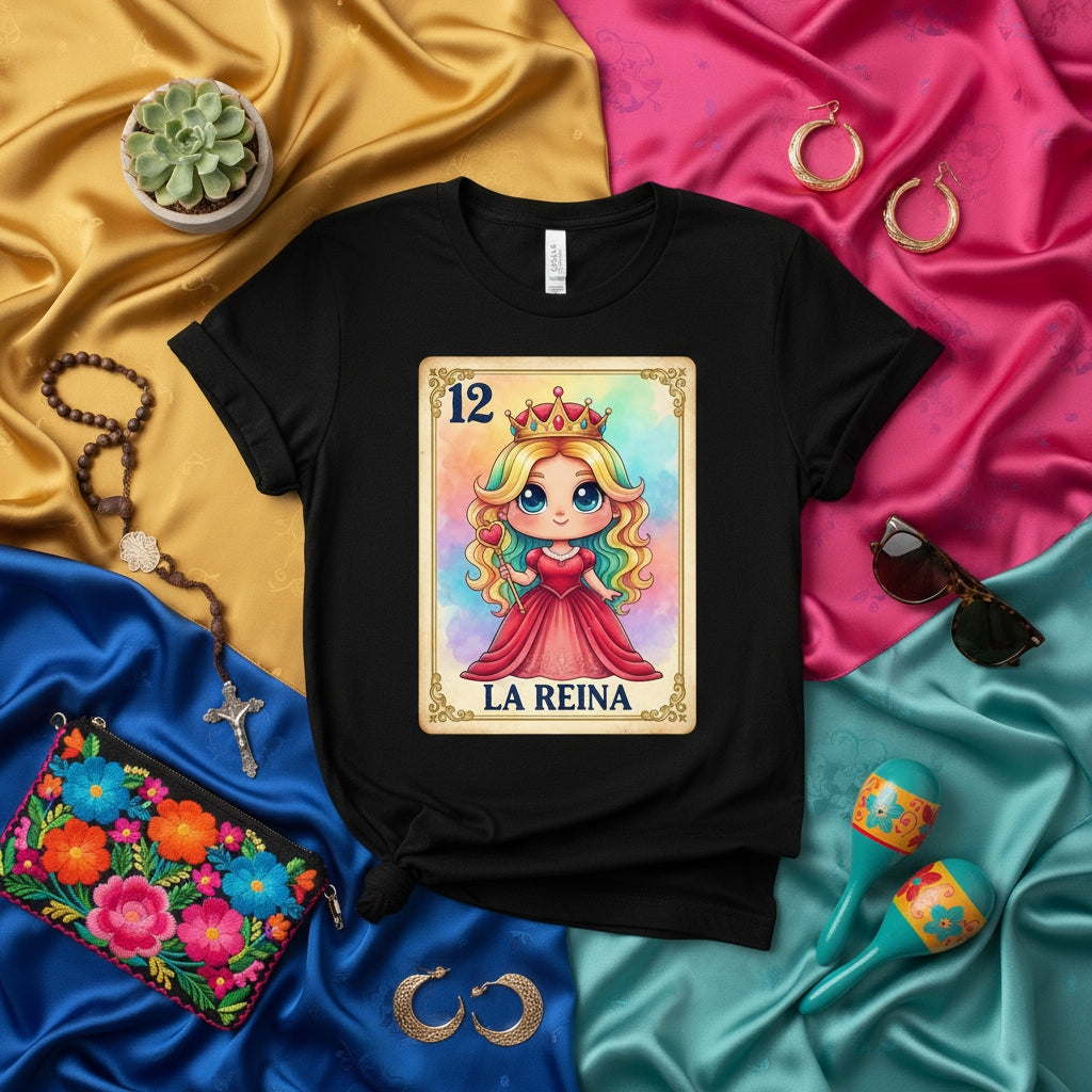 LA REINA Cute Chibi Queen Lotería Card Tee, Unisex Mexican Bingo Inspired Graphic T-Shirt, Pastel Watercolor Design, Kawaii Aesthetic Royal Latina Apparel Gift