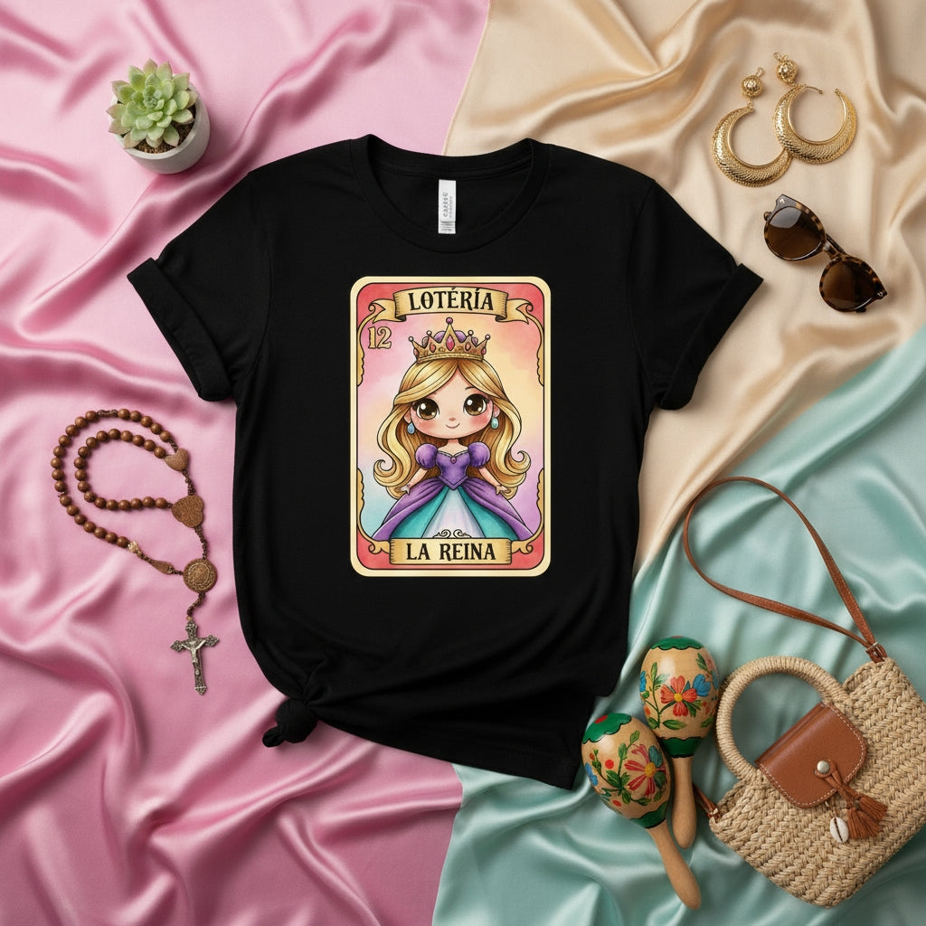 LA REINA Lotería Card T-Shirt, Cute Queen Princess Drawing, Mexican Bingo Game Graphic Tee, Unisex Gift for Her, Aesthetic Cottagecore Shirt