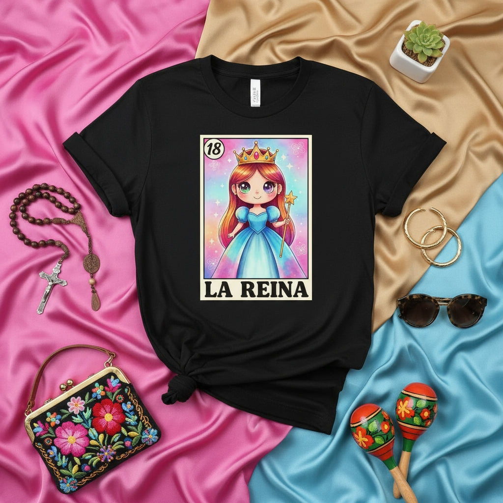 LA REINA Cute Princess Loteria Card T-Shirt, Queen Mexican Bingo Game Design Tee, Girls' Birthday Gift, Hispanic Culture Unisex Shirt
