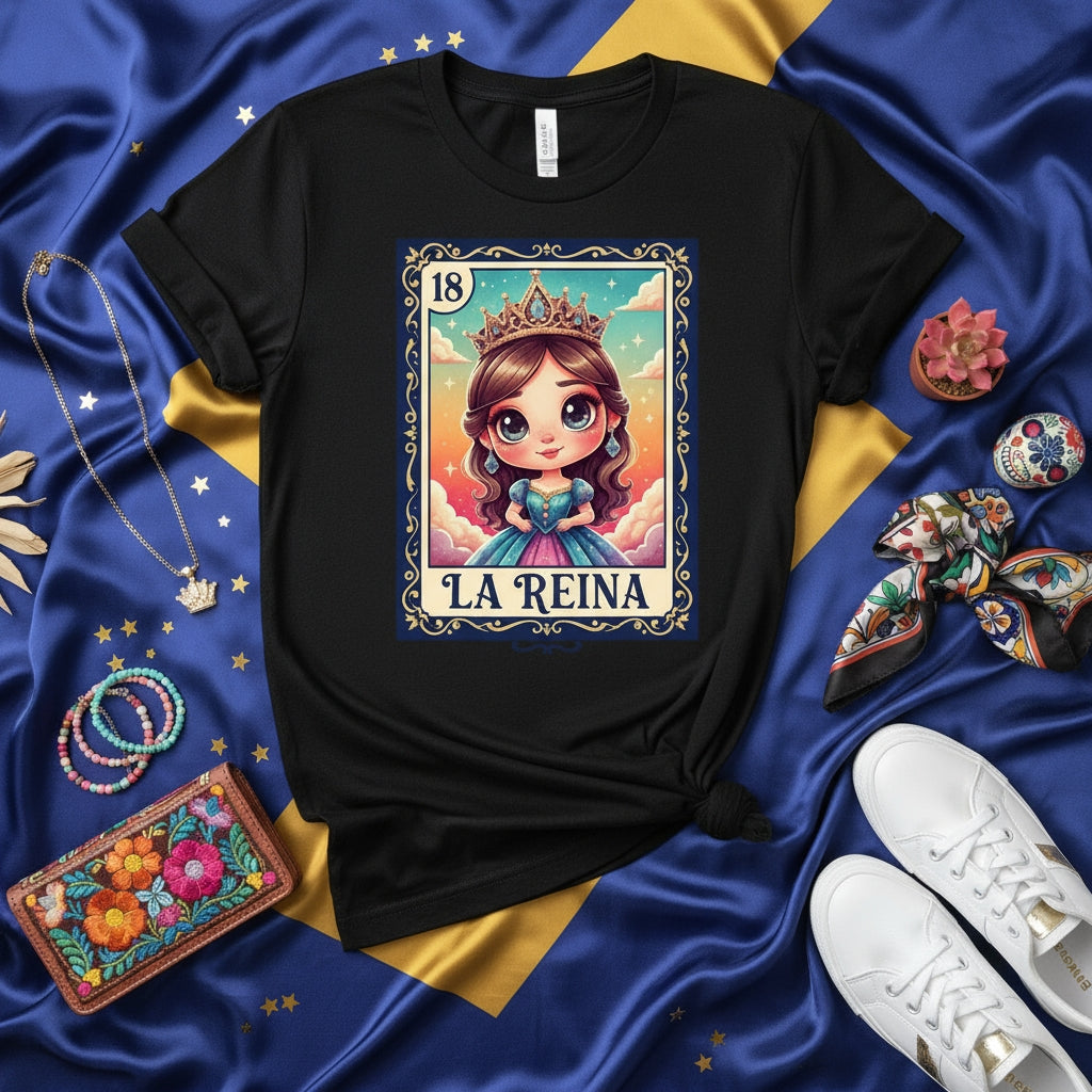 LA REINA Cute Chibi Princess Loteria Card T-Shirt, Mexican Bingo Game Day Tee, Dia de Muertos Folk Art Costume Shirt, Number 18 Royal Queen Graphic Top