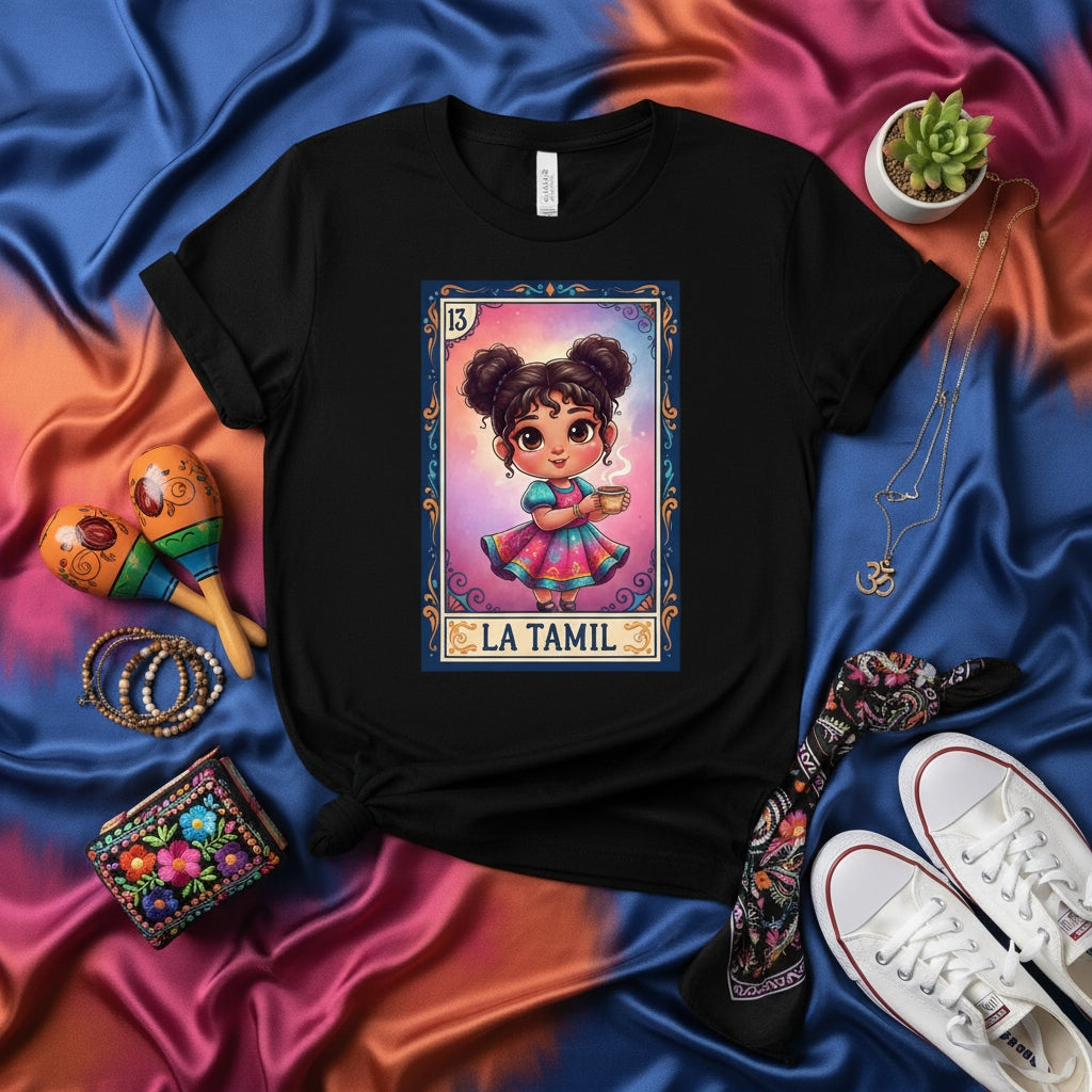 LA TAMIL Loteria Card T-Shirt Cute Tamil Girl Coffee Drinker Tee Mexican Bingo Style Design Unisex Black Shirt