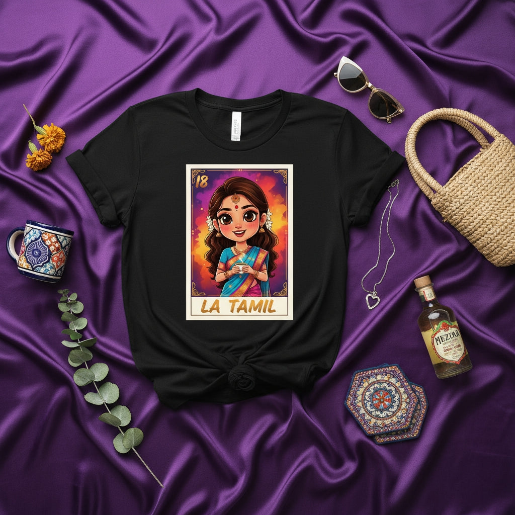 LA TAMIL Lotería Card T-Shirt, Unisex Black Tee with Tamil Girl Illustration, Traditional Mexican Bingo Game Art Style Apparel