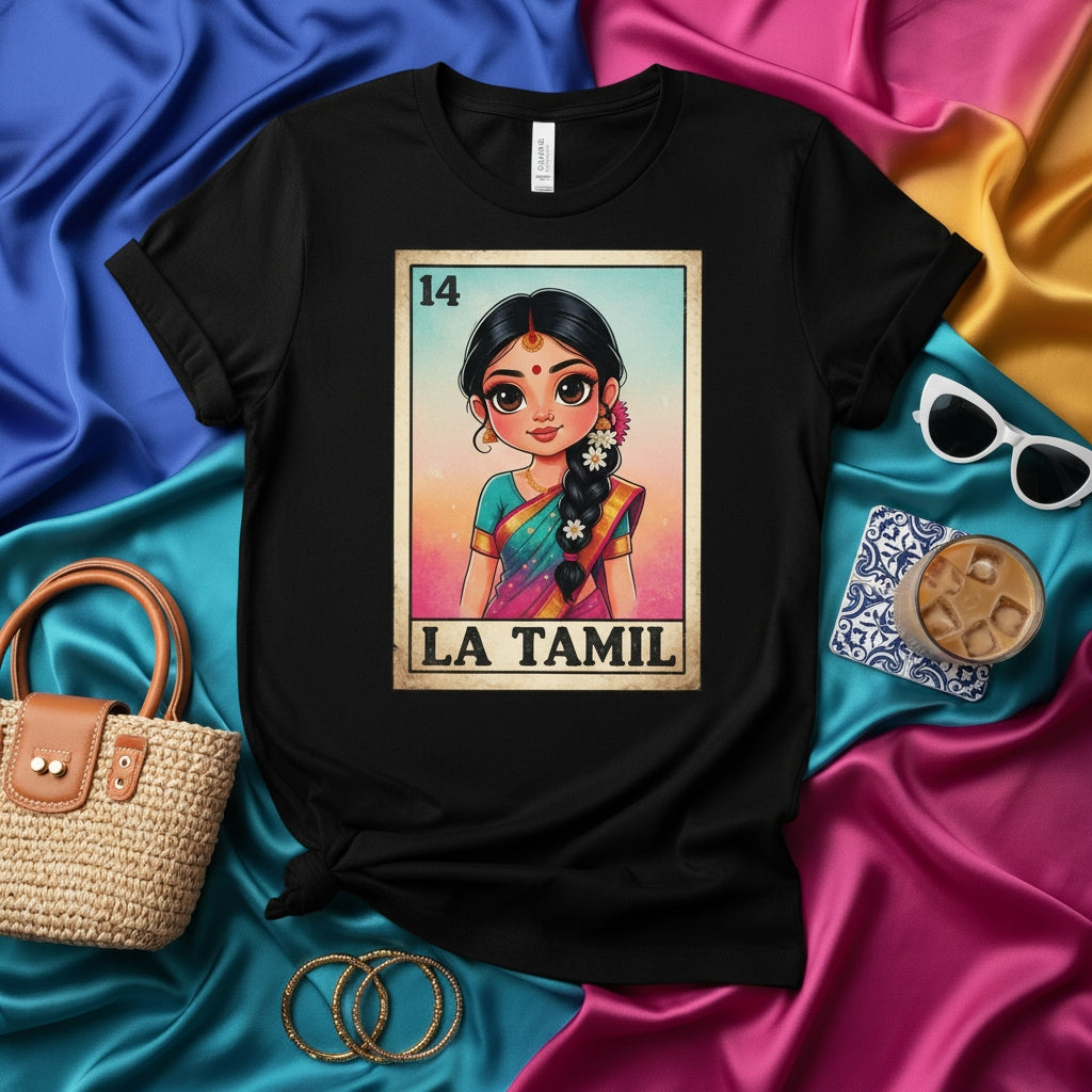 LA TAMIL Lotería Card T-Shirt, Cute Cartoon Girl in Saree Design, Mexican Bingo Style Graphic Tee, Tamil Pride Gift, Unisex Black Shirt with Number 14
