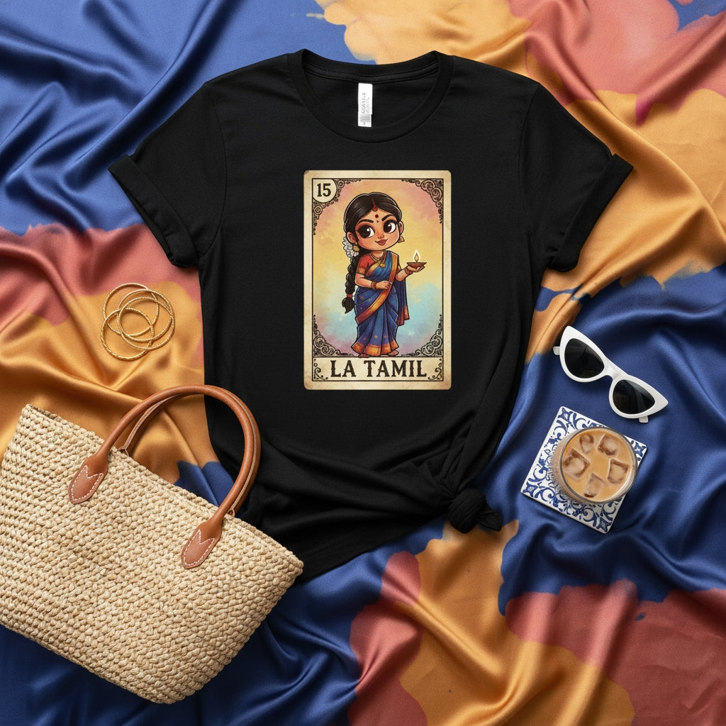 LA TAMIL Loteria Card T-Shirt, Cute Cartoon Tamil Girl in Saree Holding Diya Lamp, Black Unisex Graphic Tee, South Asian Culture Inspired Apparel, Diwali Festival