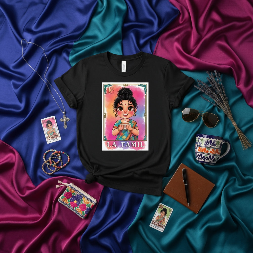 LA TAMIL Loteria Card T-Shirt Cute South Asian Girl with Coffee Mug Graphic Tee Unisex Hispanic Heritage Gift for Tamil Culture Lovers