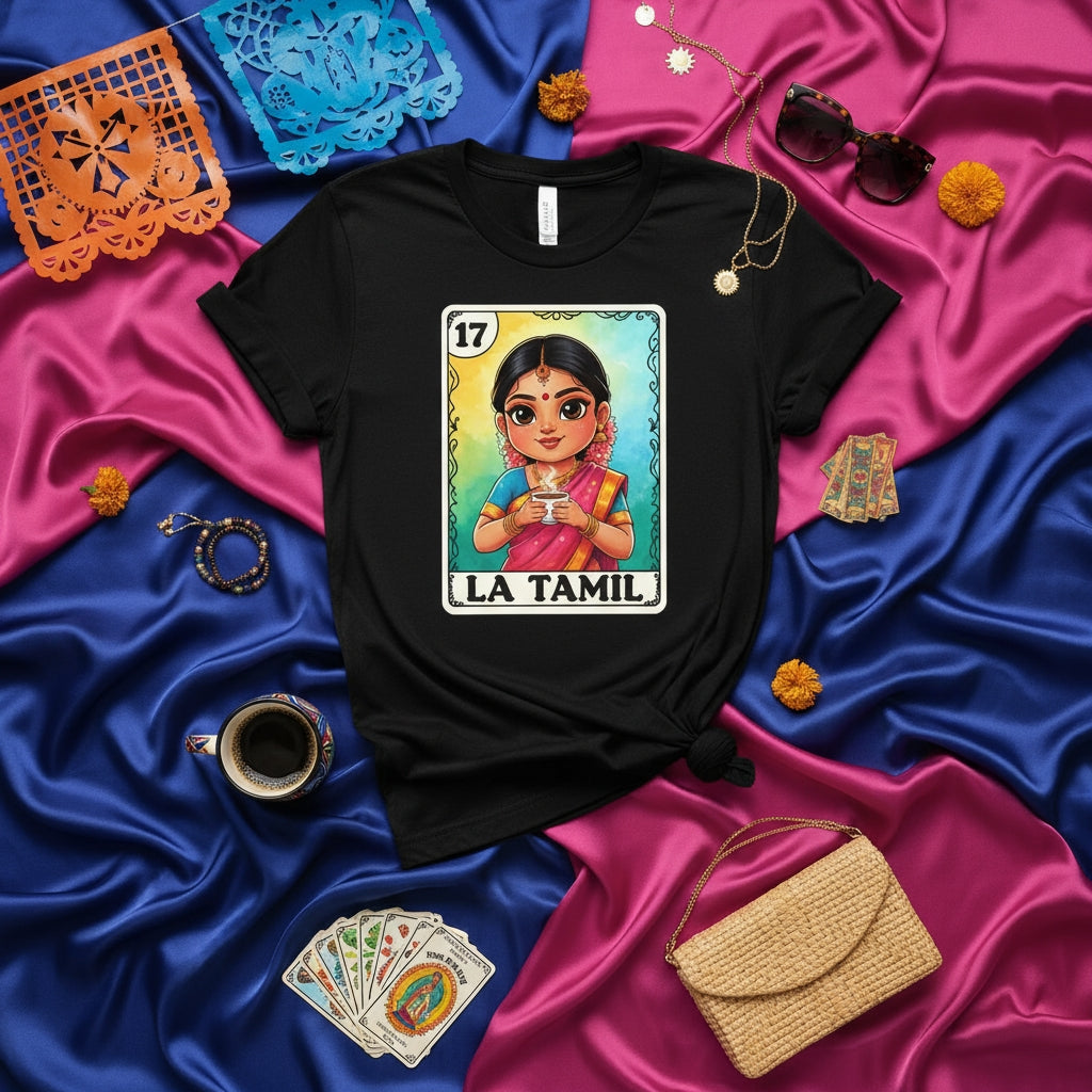 LA TAMIL Unisex T-Shirt, Tamil Girl Loteria Card Design, Cute South Indian Culture Graphic Tee, Traditional Game Inspired Apparel, Number 17 Print
