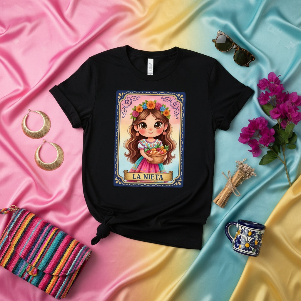 LA NIETA Cute Granddaughter Lotería Card T-Shirt, Mexican Bingo Game Inspired Tee, Floral Crown Girl Design, Unisex Graphic Shirt Gift