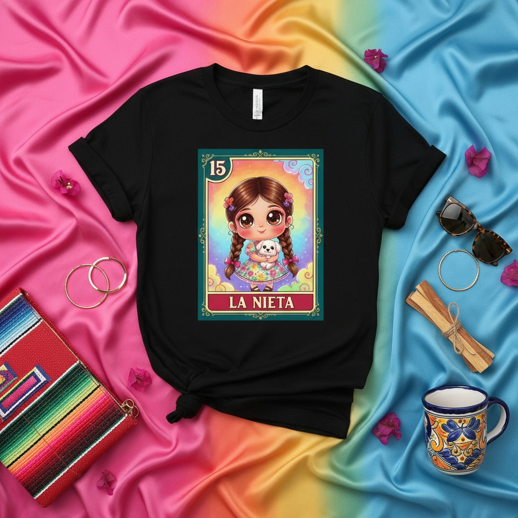 La Nieta Cute Little Girl with Puppy Loteria Card Tee, Granddaughter Latina Heritage Graphic T-Shirt, Kawaii Mexican Bingo Style Gift for Women Men