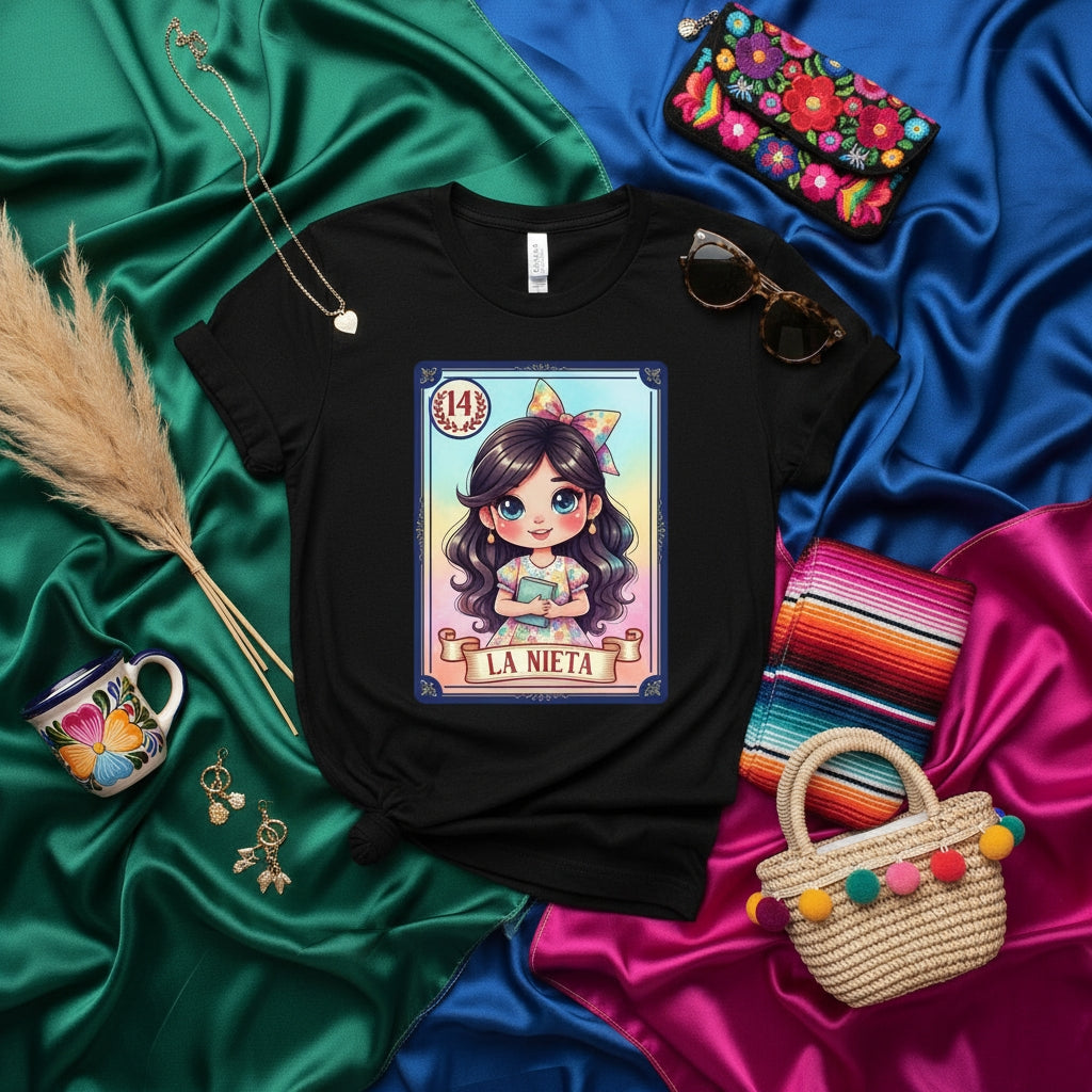 La Nieta Cute Chibi Loteria Card T-Shirt, Mexican Bingo Game Inspired Apparel, Charming Granddaughter Graphic Tee, Gift for Hispanic Heritage