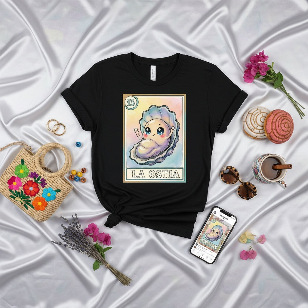 LA OSTIA Cute Oyster Shell Loteria Card Unisex T-Shirt, Mexican Bingo Game Inspired Kawaii Sea Creature Graphic Tee, Funny Seafood Lover Gift Shirt