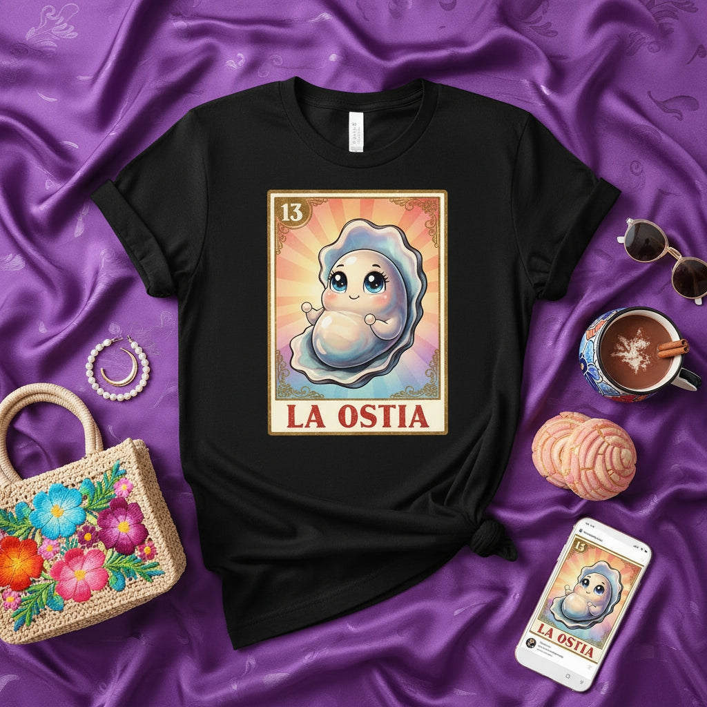 LA OSTIA Cute Oyster Loteria Card T-Shirt | Kawaii Sea Shell Ocean Lover Graphic Tee | Unisex Mexican Bingo Style Shirt Gift