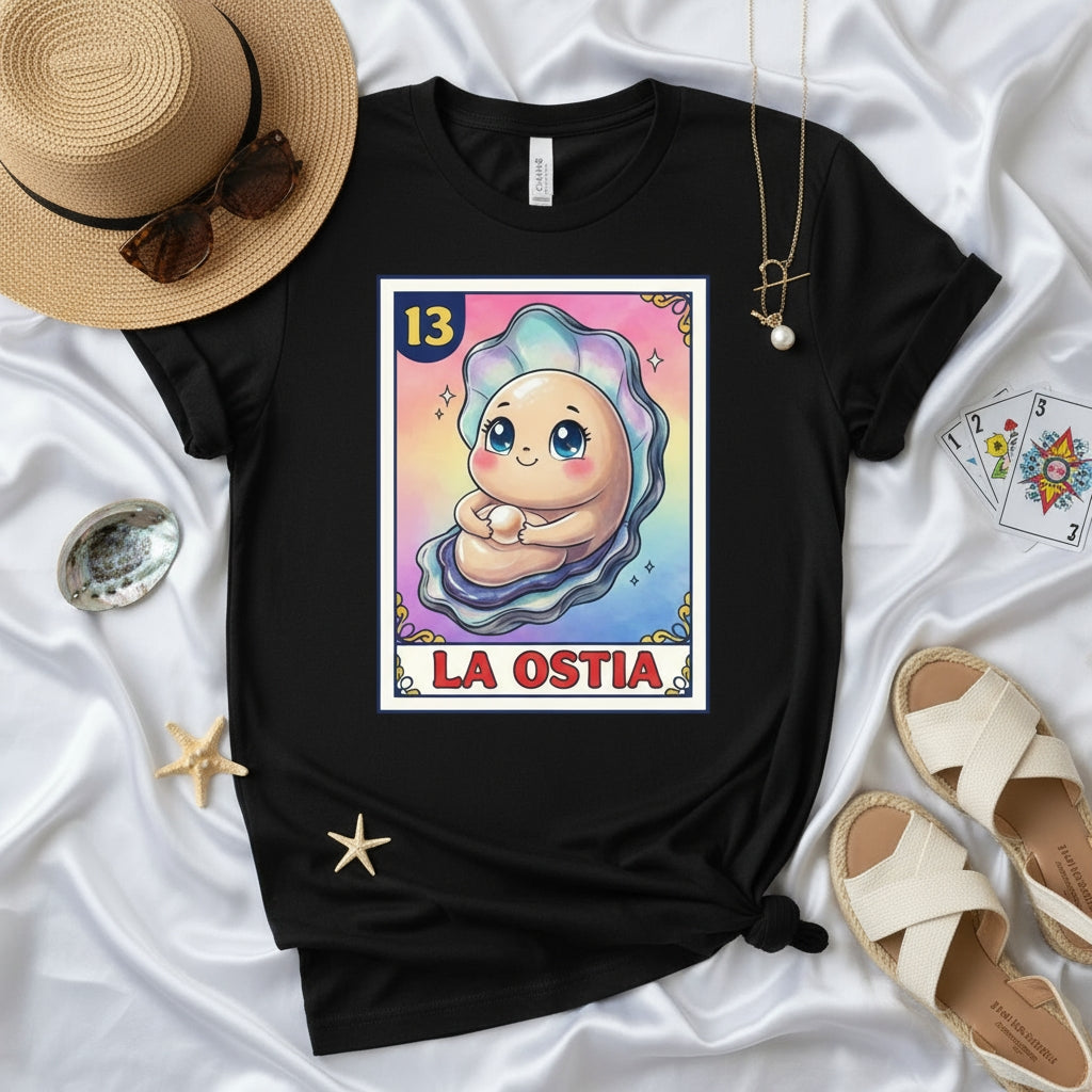 LA OSTIA Loteria Card T-Shirt Cute Oyster Pearl Kawaii Design Unisex Black Tee Mexican Bingo Art Game Player Gift Number 13