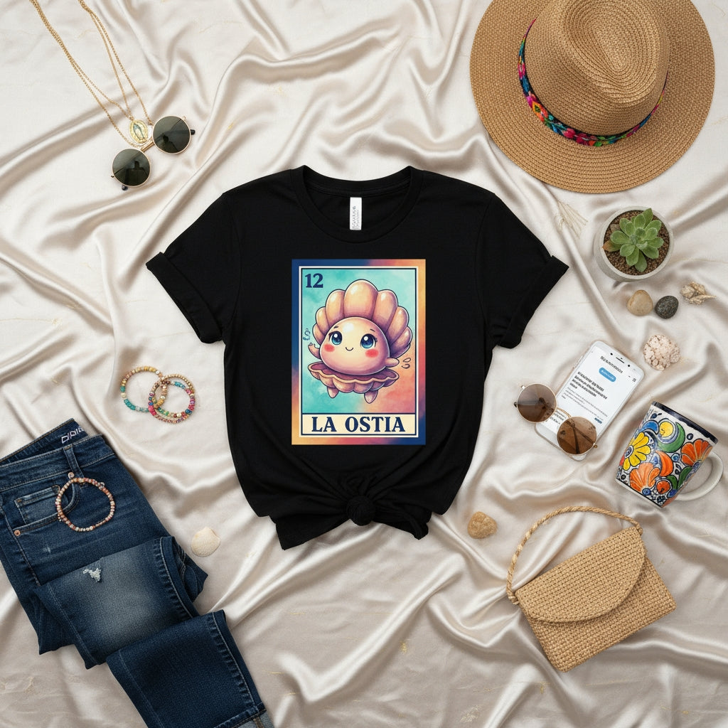 LA OSTIA Cute Seashell La Loteria Card T-Shirt, Kawaii Shell Number 12 Mexican Bingo Game Graphic Tee, Unisex Soft Style Top for Ocean Lovers
