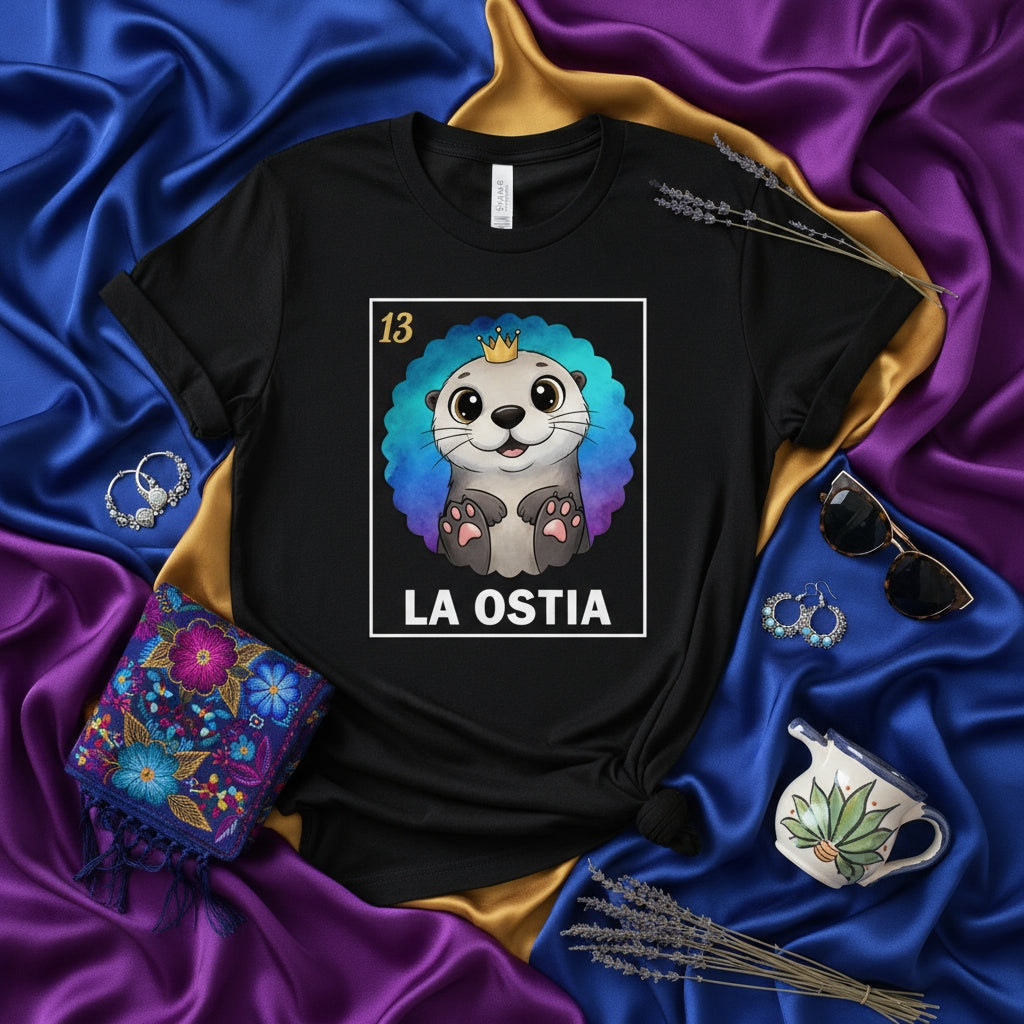 LA OSTIA Cute Otter with Crown Lotería Card T-Shirt | Funny Mexican Bingo Style Tee | Unisex Black Graphic Shirt Gift for Animal Lovers and Otters Fans