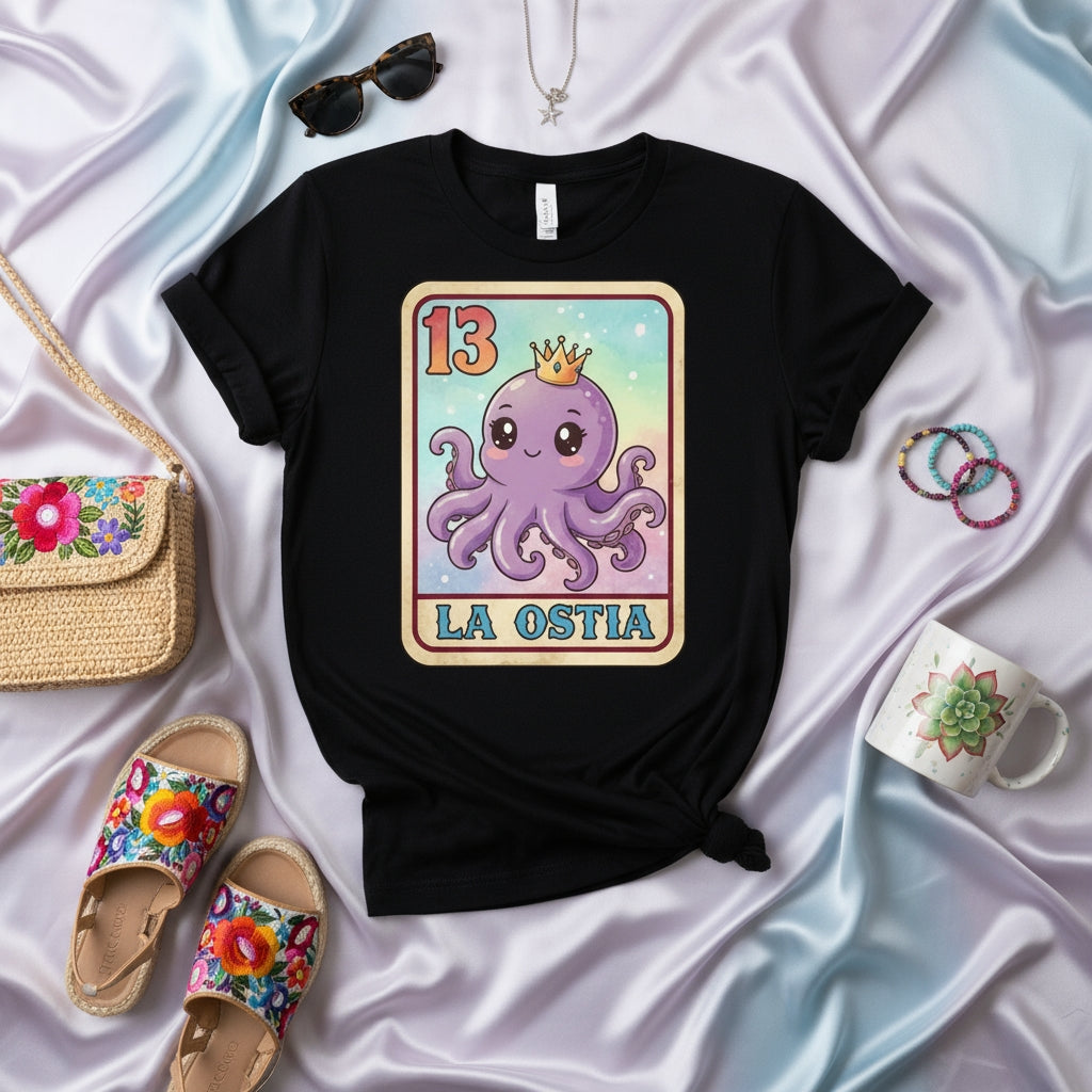 LA OSTIA Cute Octopus Crown Loteria Card T-Shirt, Unisex Funny Mexican Bingo Game Design Tee, Pastel Rainbow Kawaii Sea Animal Shirt