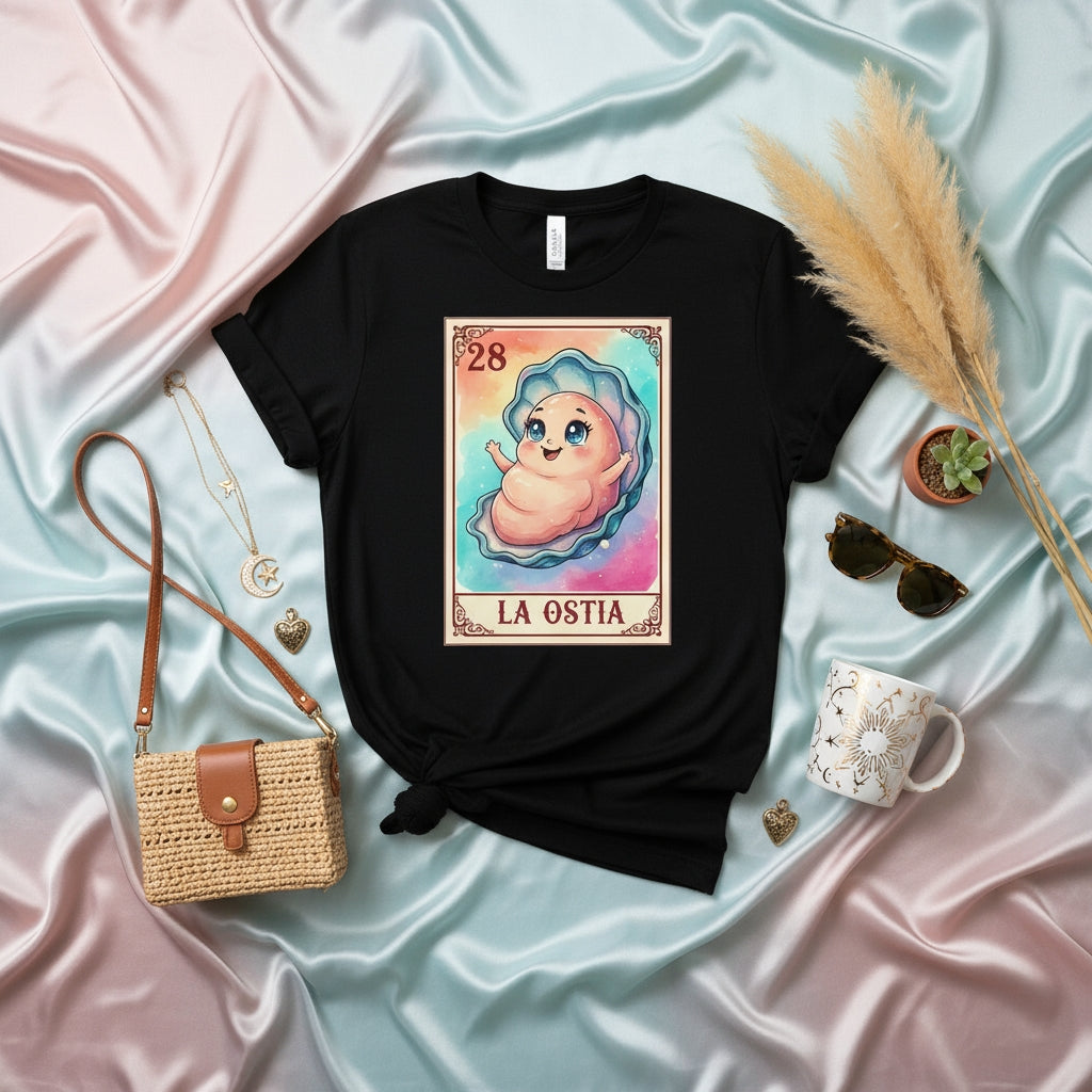 LA OSTIA Cute Oyster Shell Loteria Card Unisex T-Shirt, Mexican Bingo Game Inspired Graphic Tee, Number 28 La Ostia Spanish Phrase Design Shirt