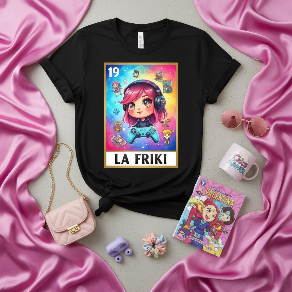 LA FRIKI Gamer Girl Lotería Card T-Shirt Cute Anime Design Video Game Kawaii Gift Unisex Black Tee Shirt for Women Men Kids Nerdy Geek Culture Gift Idea