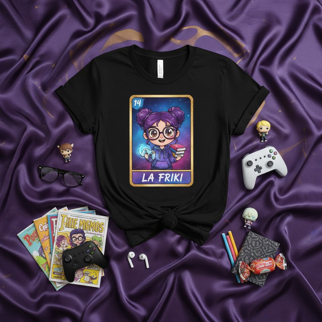 LA FRIKI Loteria Card T-Shirt Cute Purple Hair Girl Nerd Gamer Graphic Tee Unisex Gift for Geeks and Book Lovers
