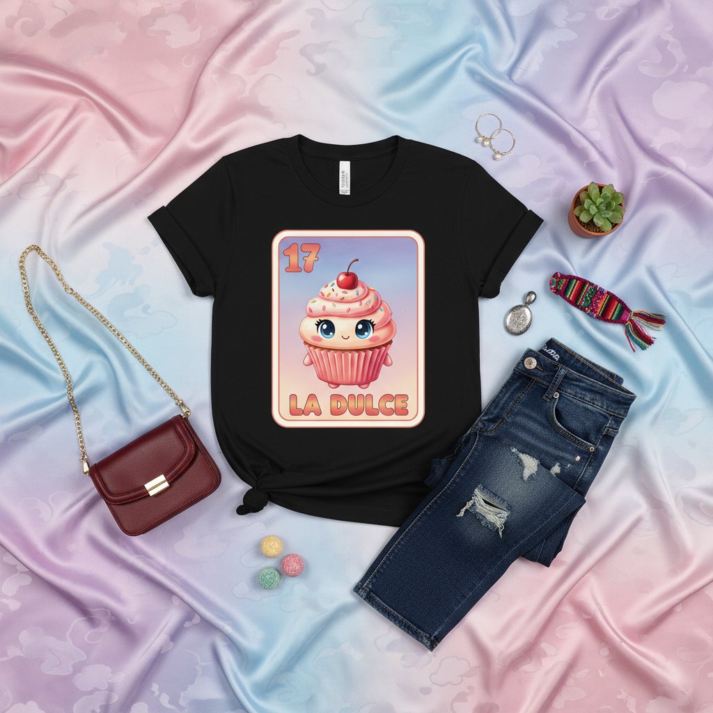 LA DULCE Cute Cupcake Loteria Card T-Shirt, Number 17 Mexican Bingo Game Tee, Sweet Dessert Graphic Shirt, Kawaii Art Unisex Apparel Gift Idea