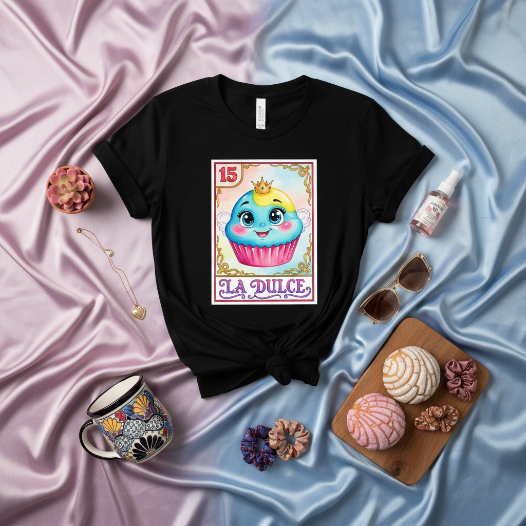 LA DULCE Loteria Card Unisex T-Shirt with Cute Cupcake Graphic, Mexican Bingo Style Tee, Sweet Treat Dessert Food Art Shirt, Fun Latinx Gift Idea