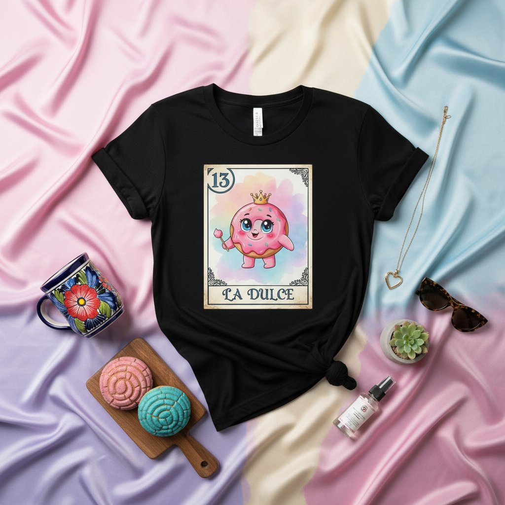 La Dulce Donut Lotería Card T-Shirt, Cute Mexican Bingo Game Pink Glazed Doughnut with Crown Graphic Unisex Shirt, Funny Sweet Treat Kawaii Food Tee Gift for Lotería Players and Dessert Lovers