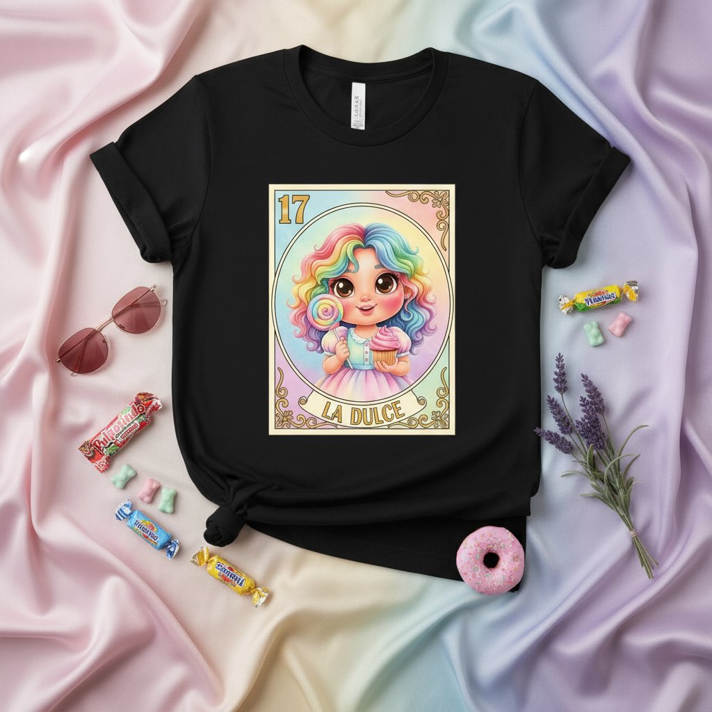 La Dulce Cute Mexican Loteria Card Graphic Tee | Rainbow Hair Girl with Cupcake and Lollipop Unisex T-Shirt | Funny Latina Candy Lover Gift Top