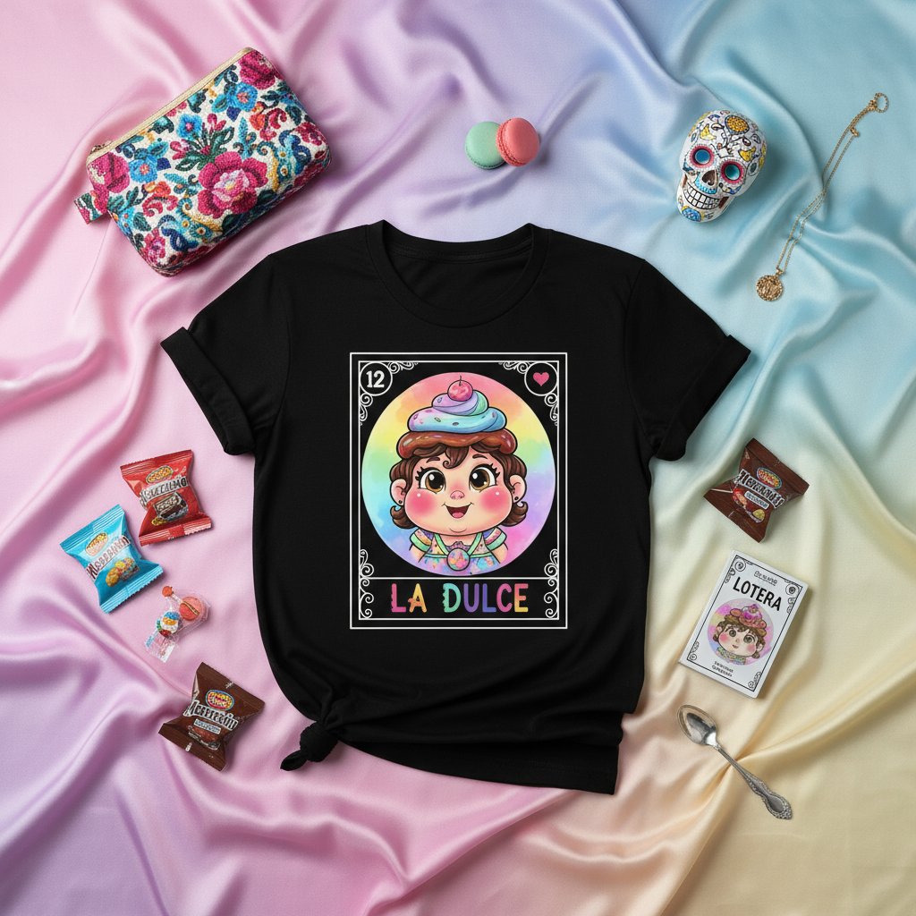 LA DULCE Rainbow Pastel Cupcake Kawaii Loteria Card T-Shirt - Cute Mexican Bingo Graphic Tee for Women & Men, Sweet Dessert Style Unisex Shirt