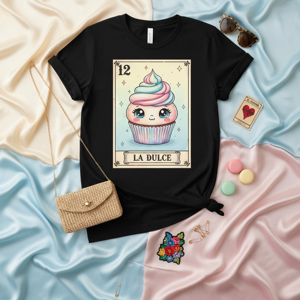 LA DULCE Cute Cupcake Loteria Card T-Shirt, Kawaii Sweet Dessert Graphic Tee, Pastel Pink Blue Swirl Icing, Mexican Bingo Style Number 12