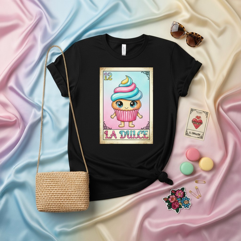 LA DULCE Cute Cupcake Loteria Card T-Shirt, Kawaii Sweet Dessert Tee, Mexican Bingo Game Art Shirt, Colorful Pastel Bakery Gift Top