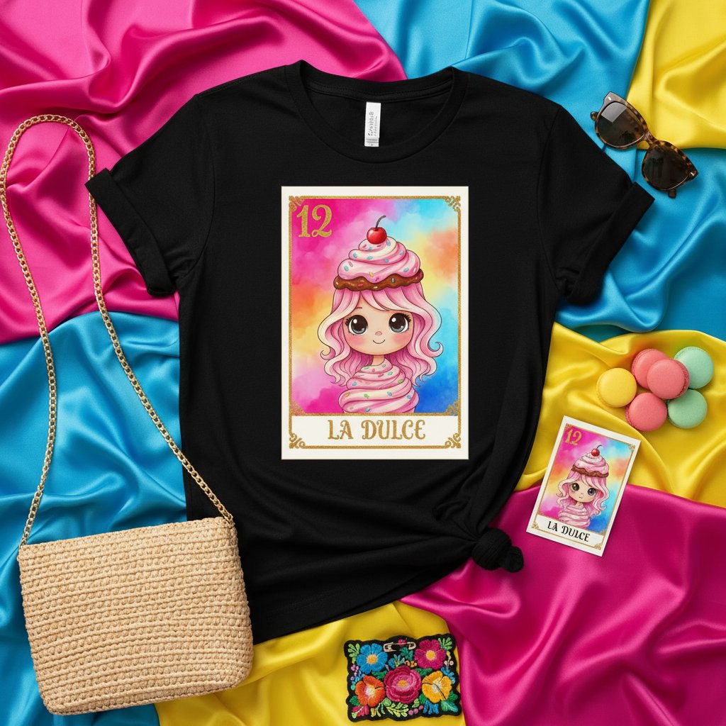 La Dulce Cute Kawaii Cupcake Girl Lotería Card T-Shirt - Number 12 Mexican Bingo Game Design Unisex Tee Top for Women Men and Kids, Sweet Dessert Pink Hair Anime Graphic Aesthetic Apparel Gift