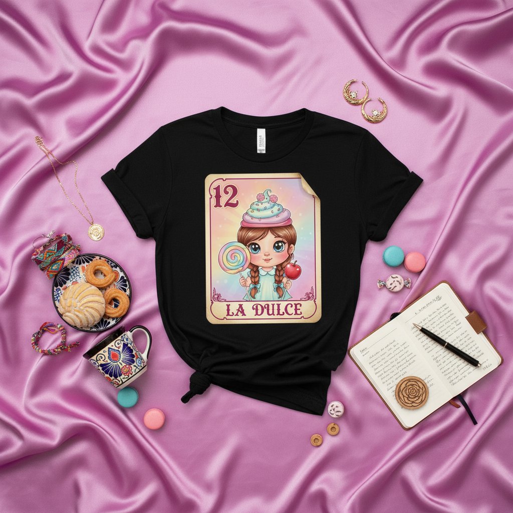 LA DULCE Mexican Loteria Card Graphic Tee - Cute Pastel Girl with Cupcake, Lollipop & Apple - Hispanic Culture Inspired Unisex T-Shirt
