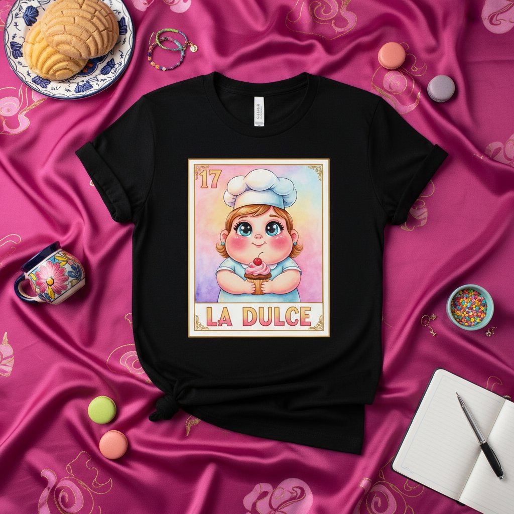 LA DULCE Cute Pastry Chef Baker Girl Loteria Card T-Shirt - Funny Mexican Bingo Game Inspired Unisex Tee Shirt Gift for Dessert Lovers and Sweet Treat Enthusiasts