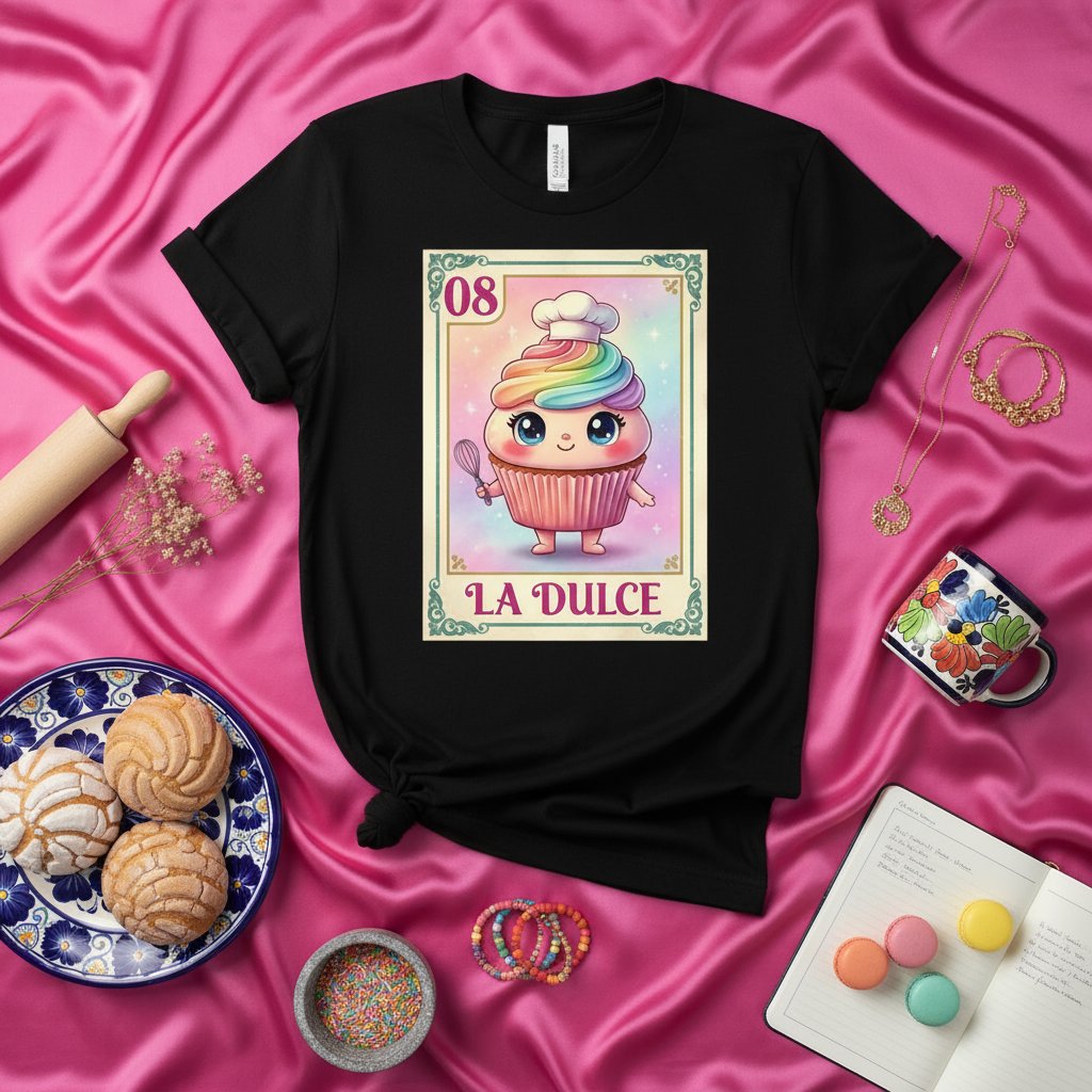 LA DULCE Rainbow Kawaii Cupcake La Loteria Card 08 T-Shirt Mexican Game Inspired Baking Chef Tee Unisex Funny Pastry Lover Gift Apparel