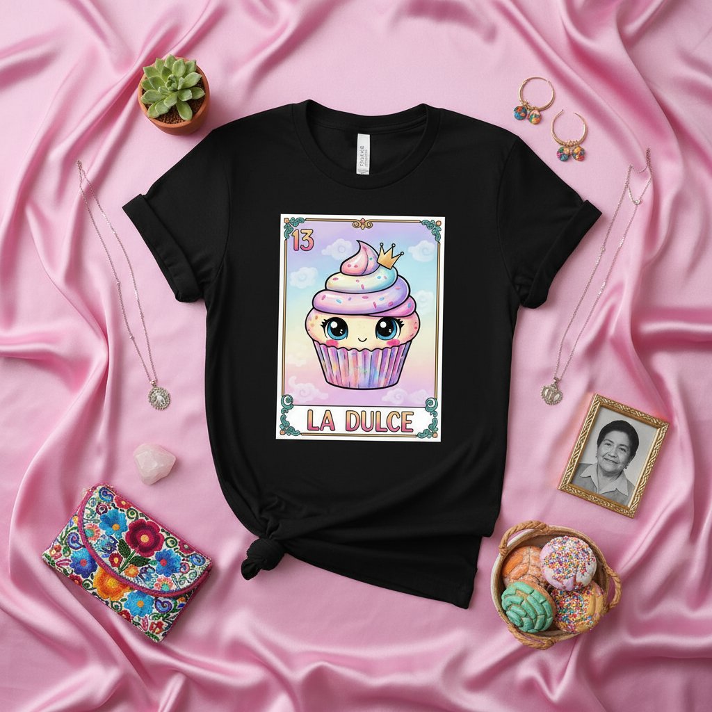 LA DULCE Cute Kawaii Cupcake La Loteria Card T-Shirt Pastel Cloud Sky Mexican Bingo Art Print Unisex Tee Gift