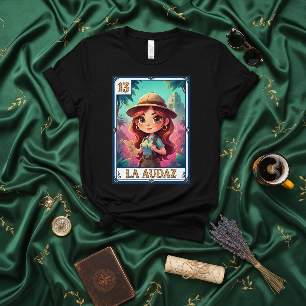 LA AUDAZ Adventurer T-Shirt, Cute Lotería Card 13 Design, Cartoon Explorer Girl with Safari Hat, Unisex Graphic Tee, Mexican Bingo Inspired Shirt for Travelers and History Lovers