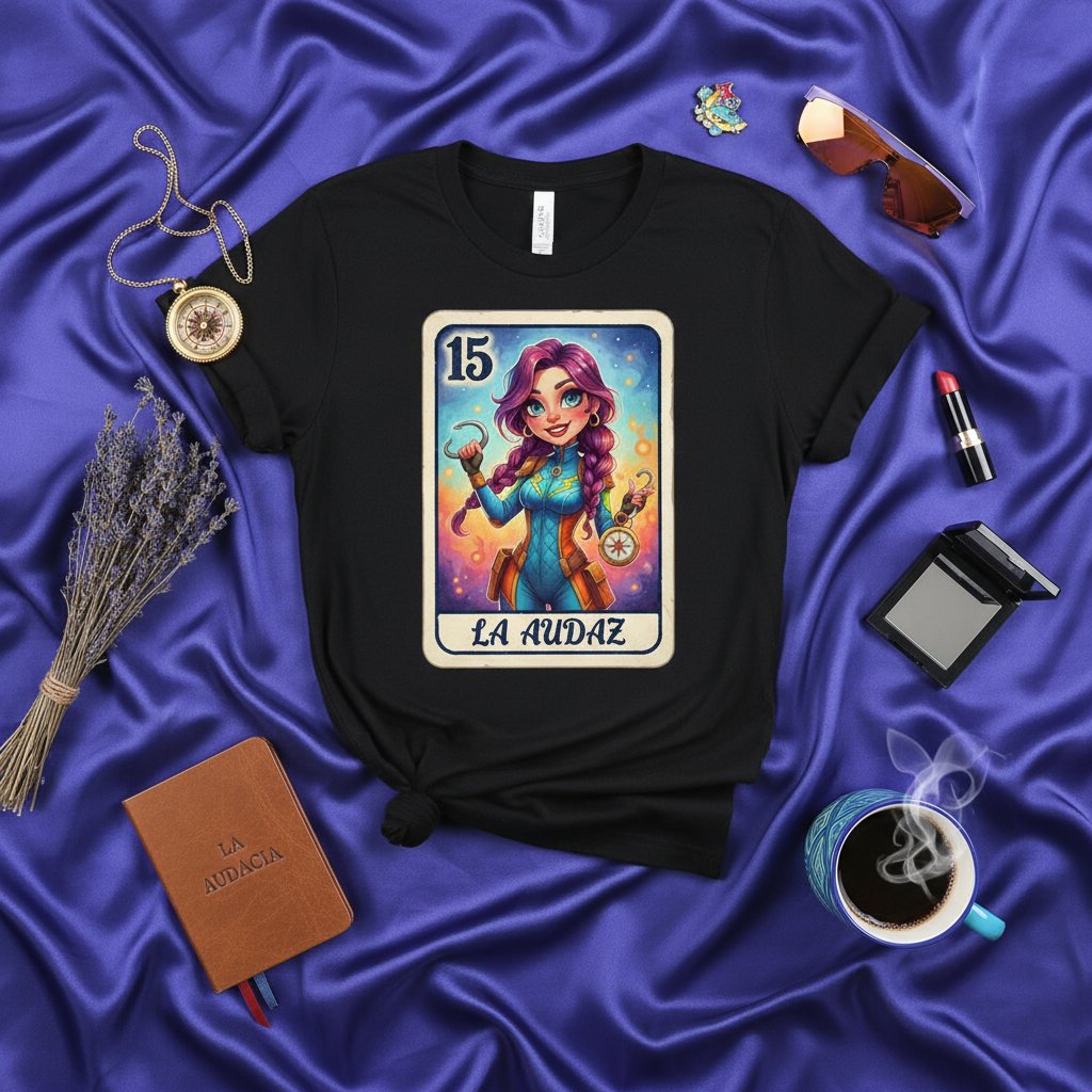 LA AUDAZ Loteria Card T-Shirt: Modern Chibi Style Character Number 15 Graphic Tee for Women, Bold Superhero Theme, Unisex Mexican Bingo Inspired Design, Gift for Latina, Vibrant Colors