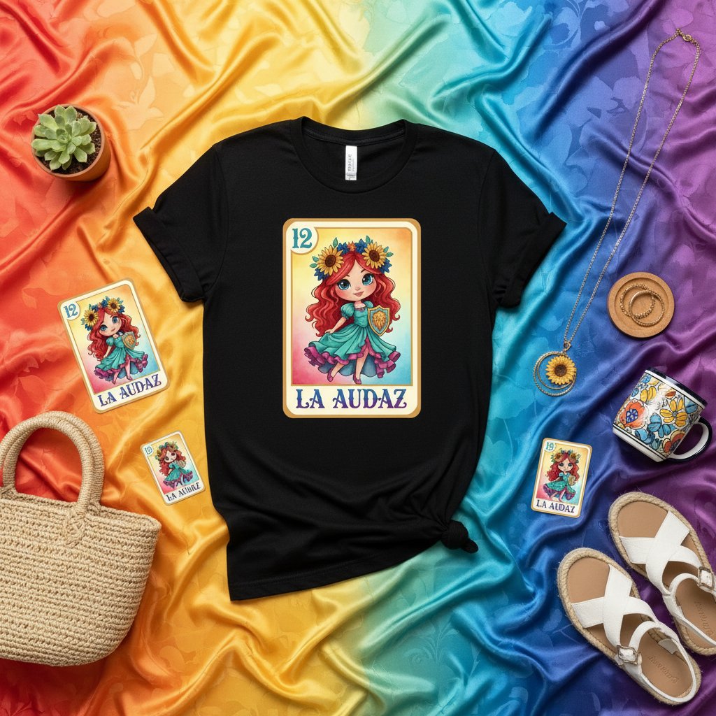 LA AUDAZ Loteria Card T-Shirt, Cute Redhead Girl with Sunflowers Graphic Tee, Mexican Bingo Inspired Design, Unique Unisex Folk Art Style Shirt