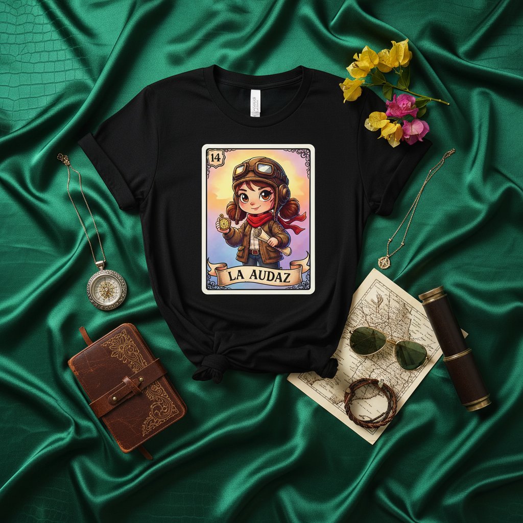 LA AUDAZ Cute Aviator Girl Loteria Card Unisex T-Shirt - Vintage Pilot Theme, Number 14, Bold Latina Design, Mexican Bingo Style Tee, Adventure Enthusiast Gift