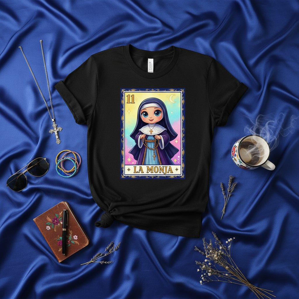 LA MONJA Loteria Card T-Shirt Cute Nun Kawaii Gaming Mexican Bingo Graphic Tee Unisex Gift Idea