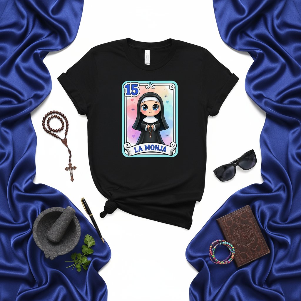 LA MONJA Loteria Card T-Shirt Cute Nun Kawaii Design Unisex Tee 15 Mexican Bingo Game